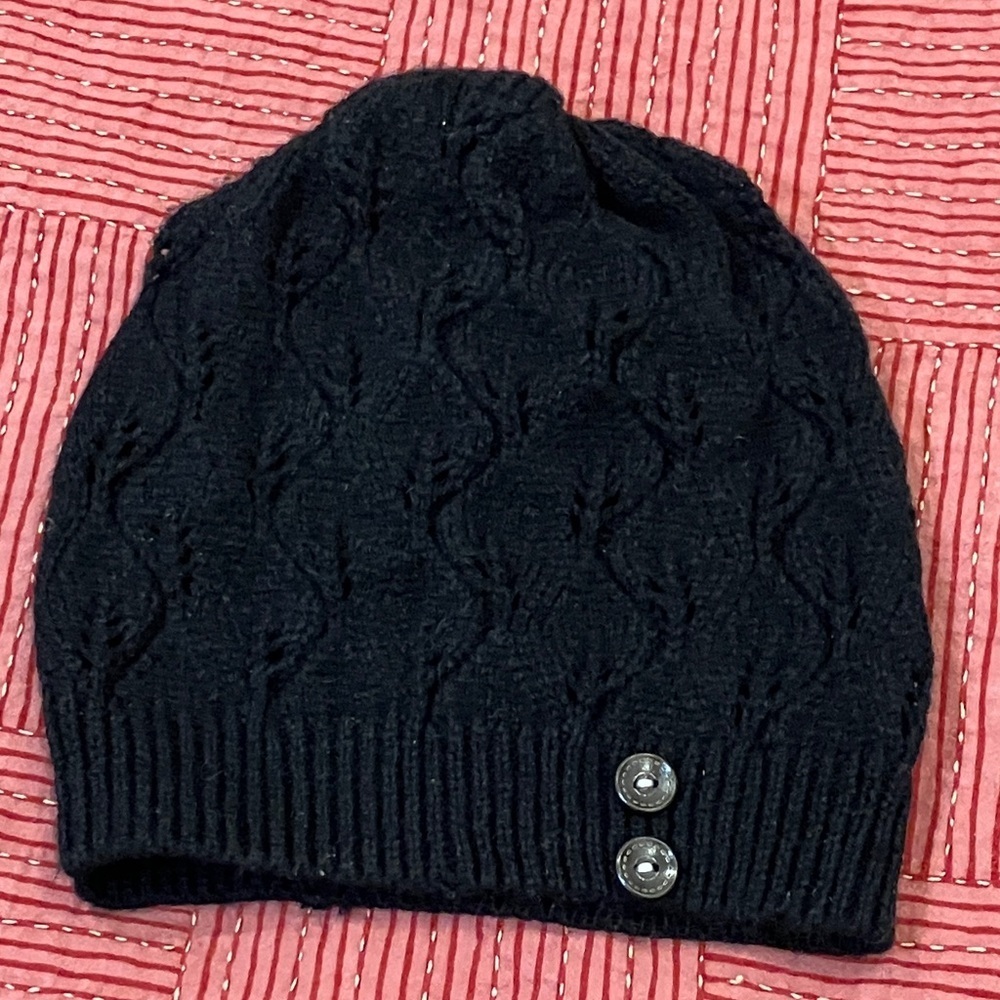 Cozy & feminine soft Knit black Beanie hat with button detail.